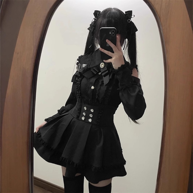 Women'S Y2K Fashion Aesthetic - 女性用ジャイライケイ衣装、和風ロリータスカートセット、可愛いリボン付き長袖シャツ、Y2Kカジュアルファッション、女の子向けおしゃれ衣装