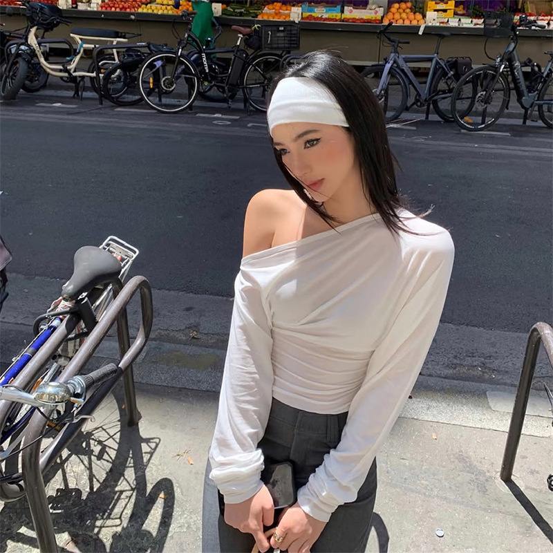 Asymmetric Top Women - 2026年 レディース ワンショルダートップ 長袖Tシャツ アシンメトリー ラッフル