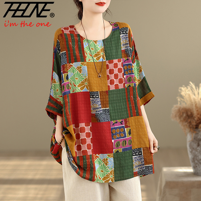 Women'S Fashion Jersey - THHONE レディースシャツ プリント ルーズ プラスサイズ コットンリネンブラウス