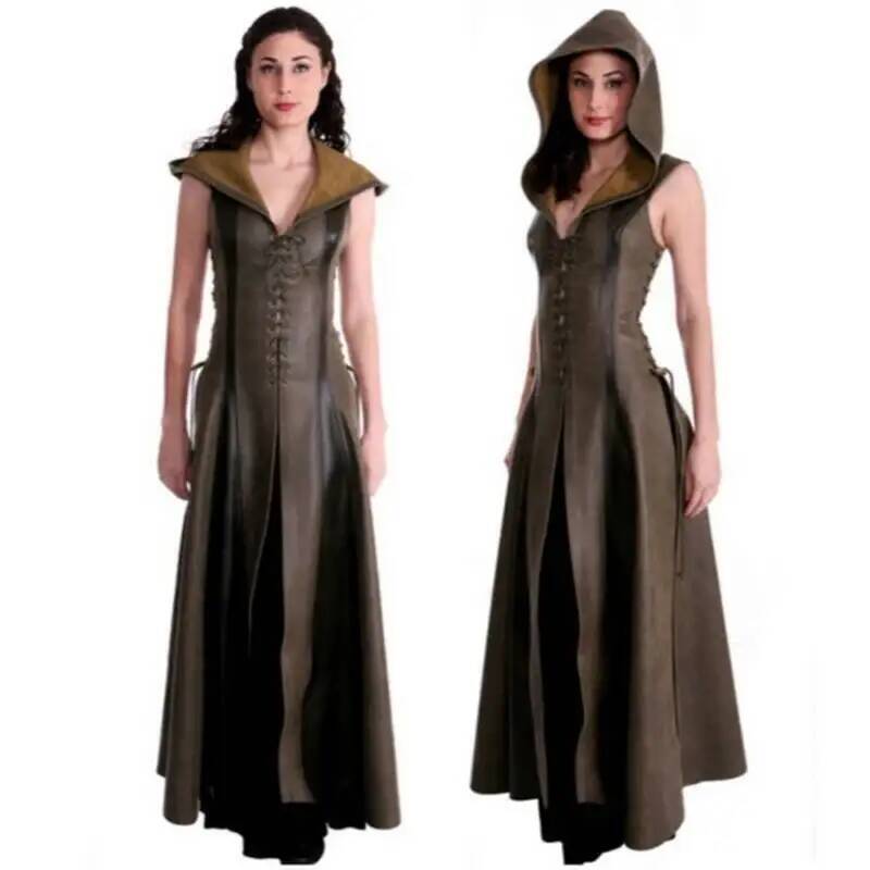 Women Queen Fashion - セクシーなスリムレースアップレザー中世レンジャーロングドレス大人のコートコスプレ disfraz mujer 衣装ハロウィン女性ファッション