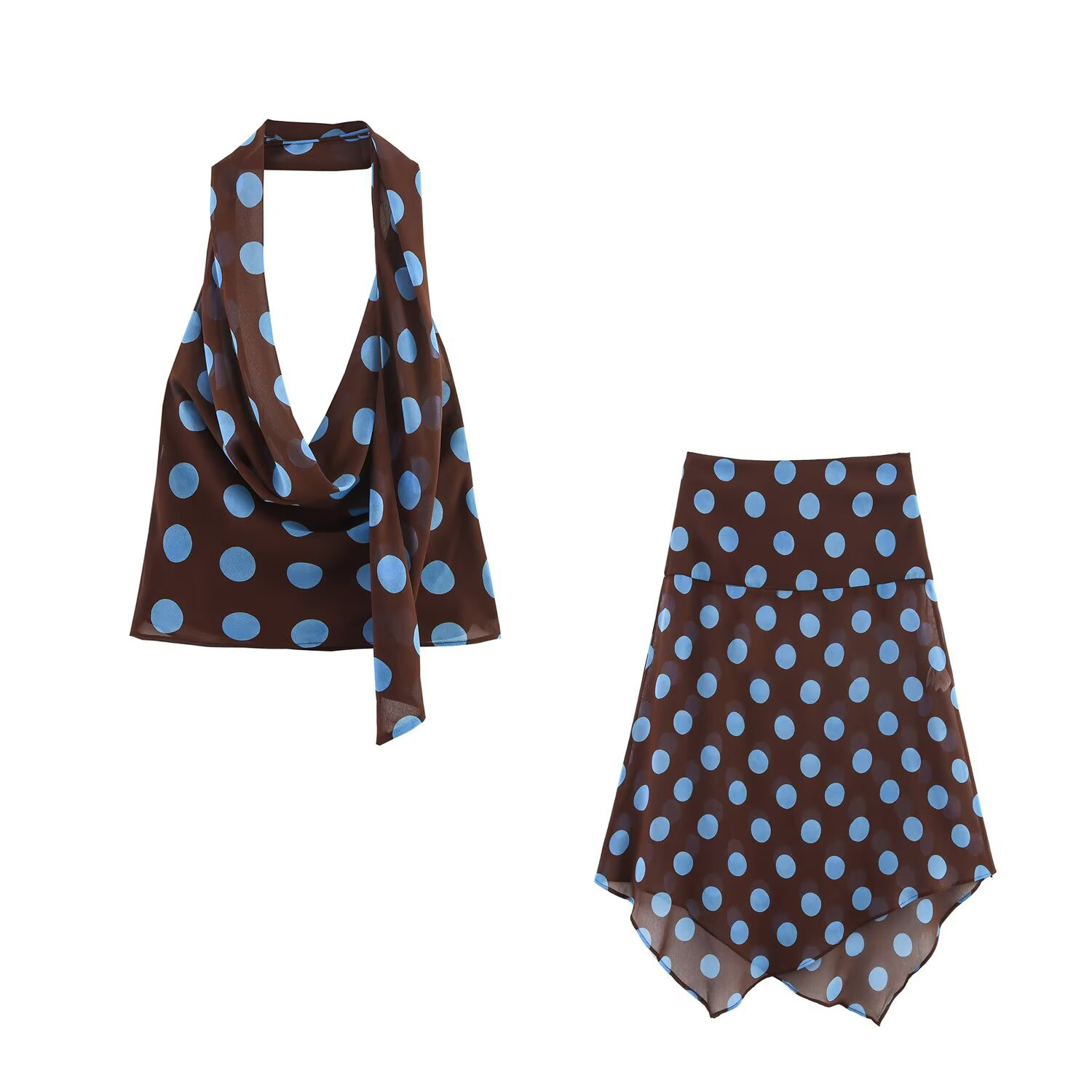Asymmetric Top Women - 夏の新しい女性の薄いスカーフ水玉模様の首輪トップ非対称ミッドウエスト半透明スカートセット