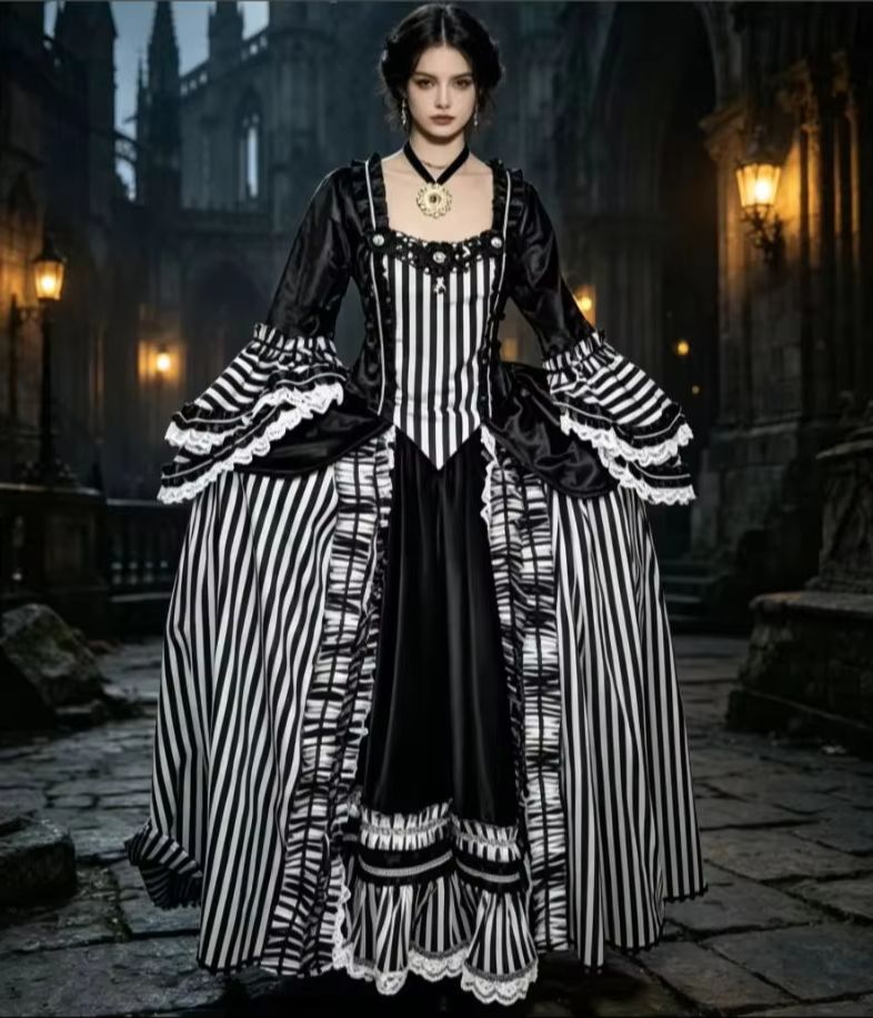 Women Fashion Gown - 1700年代ロココ黒と白のストライプドレス衣装ロココファッションドレスガウン女性用カスタムメイド