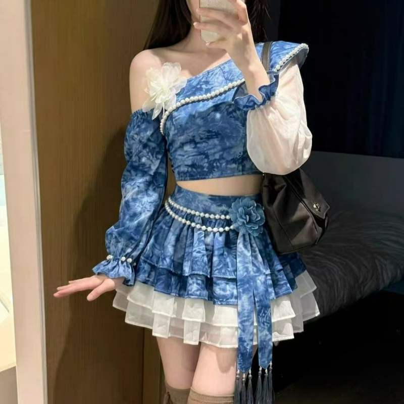 Asymmetric Top Women - 和風ヴィンテージエレガントロリータスカートセット レディース スウィートオフショルダートップ タイダイハイウエストミニケーキスカート カジュアルY2Kスーツ