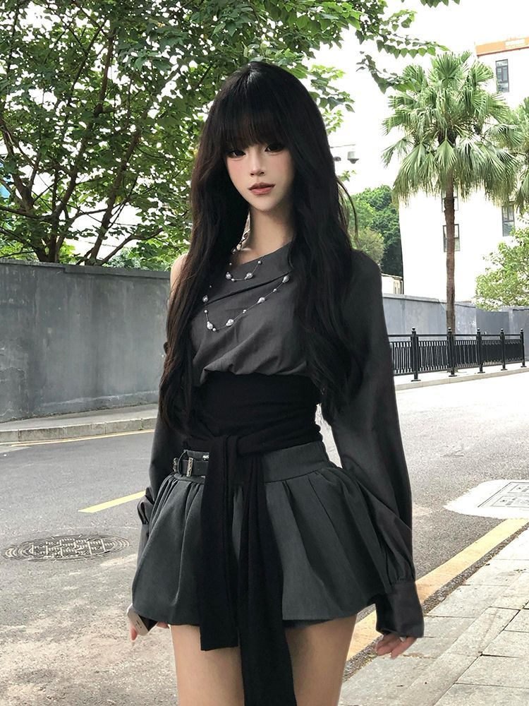 Women'S Y2K Fashion Aesthetic - 2026年ホットガールセクシーゴシックスリムオフショルダーTシャツヴィンテージ春デザイナー風Y2Kファッションショートスカートツーピースセット