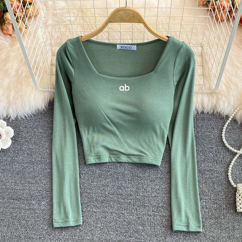 Women'S Fashion Jersey - レディース韓国ファッションスクエアネック長袖Tシャツ、内蔵ブラ付きスリムフィットクロップドカジュアル秋ベーシックレイヤリングトップ