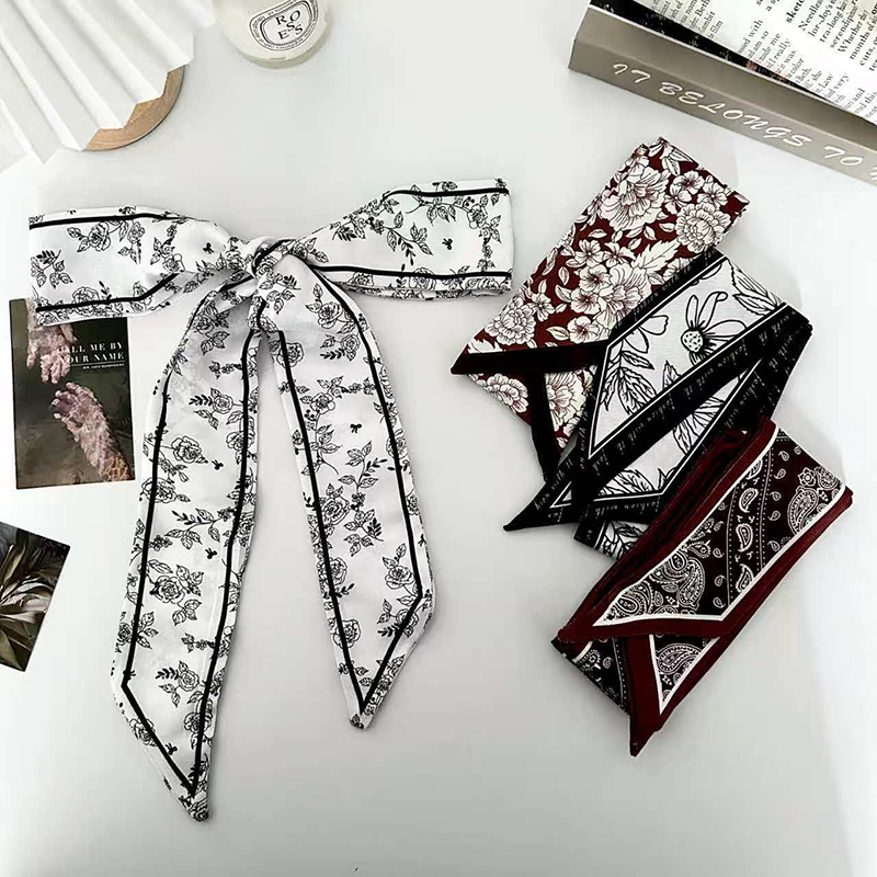 Women Fashion Necktie - 高級ファッション女性用スキニーシルクスカーフ、ロングヘアストリップシルクスカーフ、小さなネックスカーフ、フラワーバッグハンドルリボン、レディースタイ