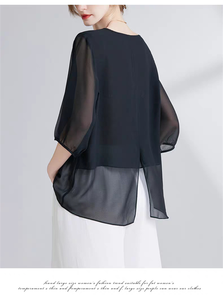 Asymmetric Top Women - 韓国スタイルシフォンプラスサイズレディーストップスセクシーなミッドスリーブブラックホワイトブラウスファッション不規則なデザイン