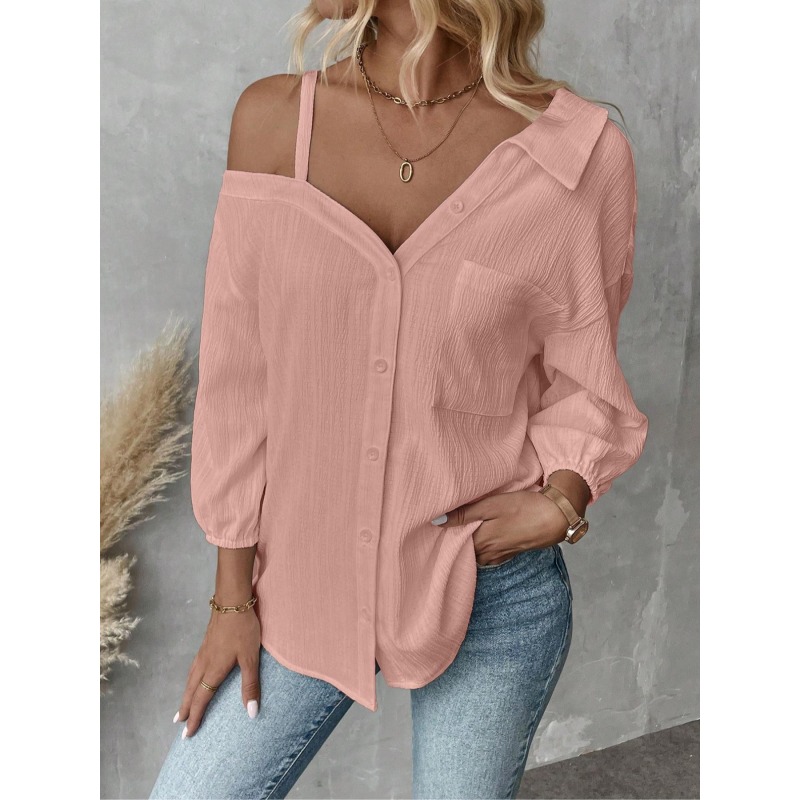 Asymmetric Top Women - プラスサイズ1XL-5XL女性ブラウストップレディシングルブレストオフショルダーポケット非対称女性カジュアルオーバーシャ​​ツ