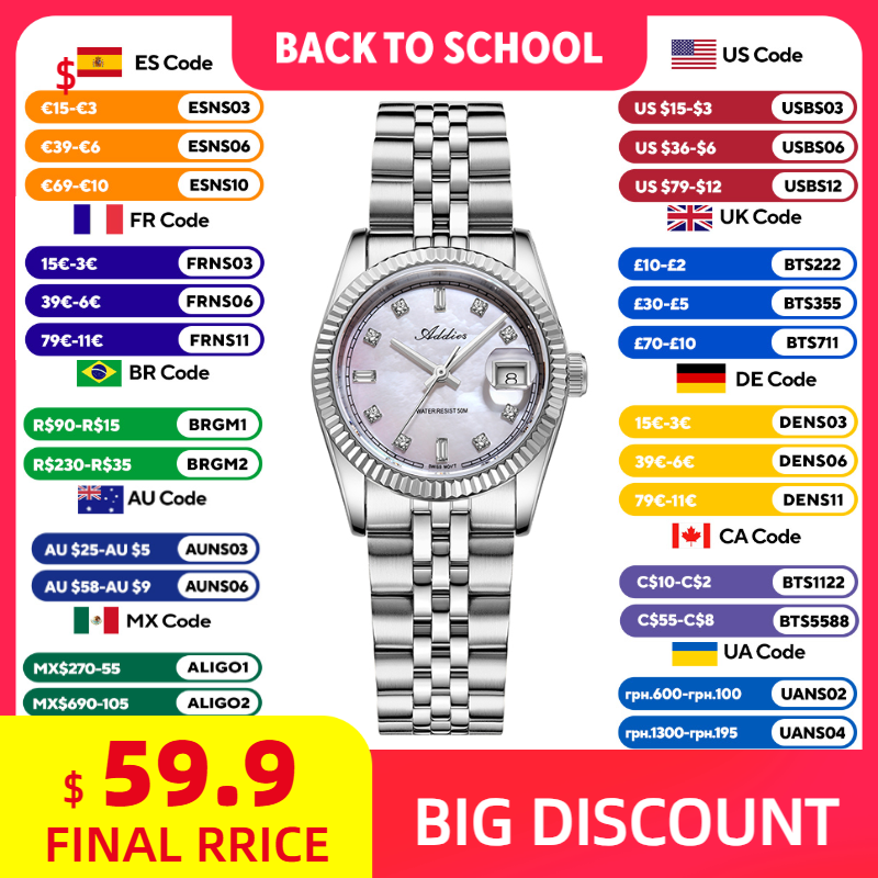 Fashion Women Watch - ADDIES 585 クォーツ女性用腕時計サファイアガラス 5Bar 防水 316L