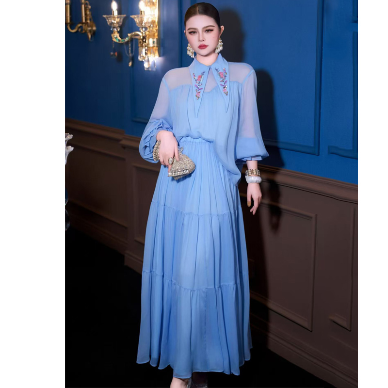 Xl Women'S Fashion - 春の高級新作ラペルビーズ刺繍花びら袖シャツ+伸縮性ウエストハーフスカートシルク女性用2点セットM-XL
