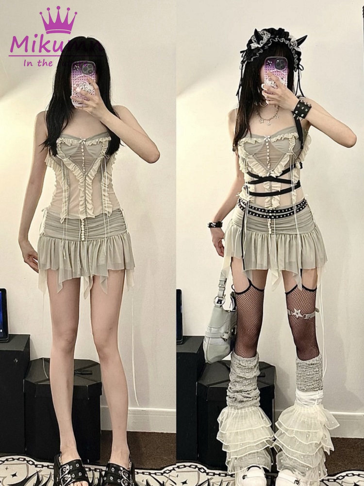 Y2k-女性のツーピースセット,セット,妖精,グランジ,不規 - Asymmetric Top Women のレビューと価格