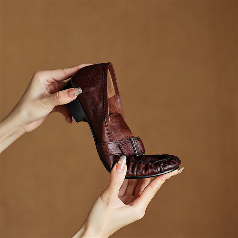 女性用本革モカシン,丸いつま先の靴,プリーツパンプス,厚手の - Women Fashion Store のレビューと価格