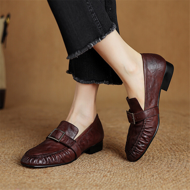 女性用本革モカシン,丸いつま先の靴,プリーツパンプス,厚手の - Women Fashion Store のレビューと価格