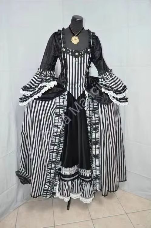 1700年代ロココ黒と白のストライプドレス衣装ロココファッシ - Women Fashion Gown のレビューと価格