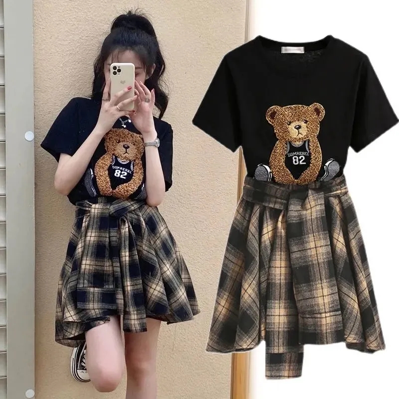 女性の夏のスカートとトップスセット,漫画のクマのデザインのス - Asymmetric Top Women のレビューと価格