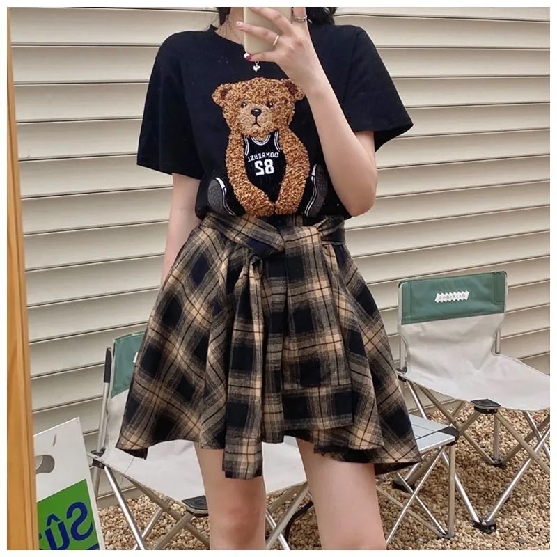 女性の夏のスカートとトップスセット,漫画のクマのデザインのス - Asymmetric Top Women のレビューと価格
