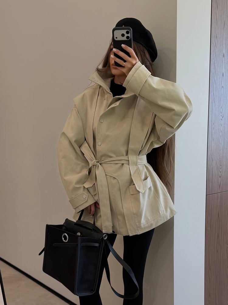 レディースショートトレンチコート ベルト付き スタンドカラー - Women'S Fashion Utility Belt のレビューと価格