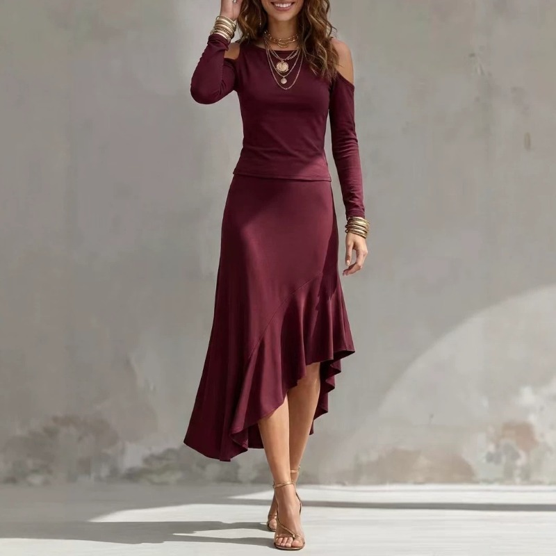 女性用オフショルダーソリッドカラーマッチングセット、Oネック - Asymmetric Top Women のレビューと価格
