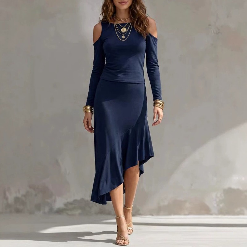 女性用オフショルダーソリッドカラーマッチングセット、Oネック - Asymmetric Top Women のレビューと価格