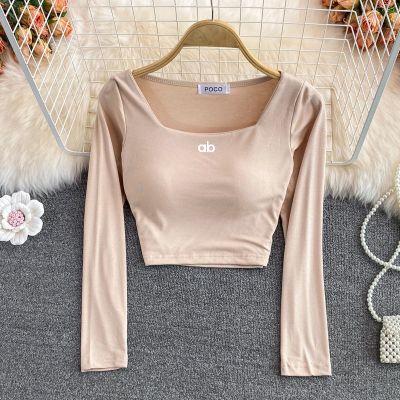 レディース韓国ファッションスクエアネック長袖Tシャツ、内蔵ブ - Women'S Fashion Jersey のレビューと価格