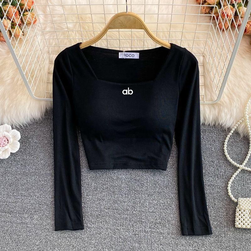 レディース韓国ファッションスクエアネック長袖Tシャツ、内蔵ブ - Women'S Fashion Jersey のレビューと価格