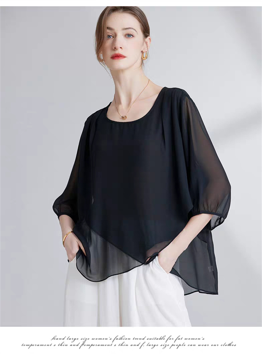 韓国スタイルシフォンプラスサイズレディーストップスセクシーな - Asymmetric Top Women のレビューと価格