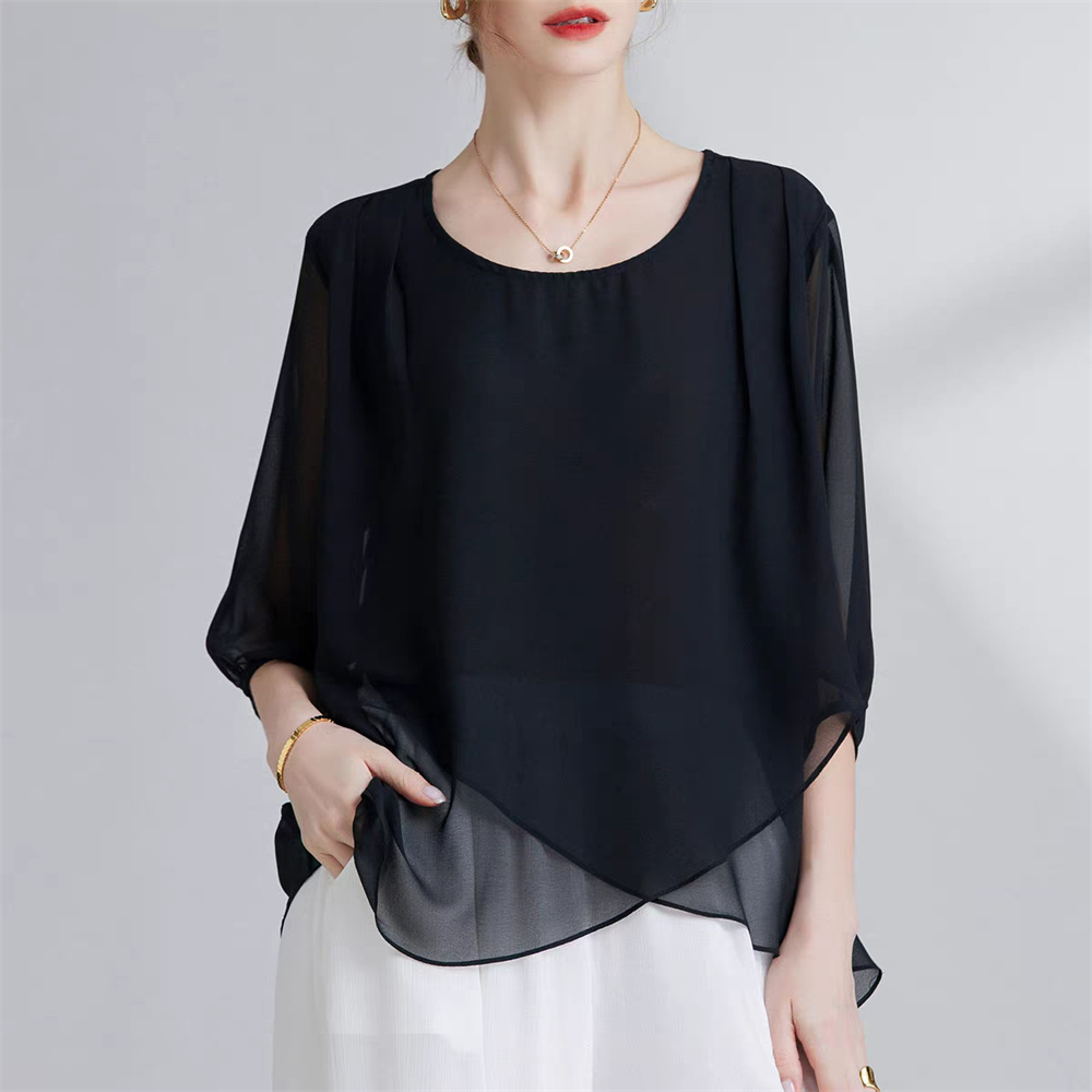 韓国スタイルシフォンプラスサイズレディーストップスセクシーな - Asymmetric Top Women のレビューと価格