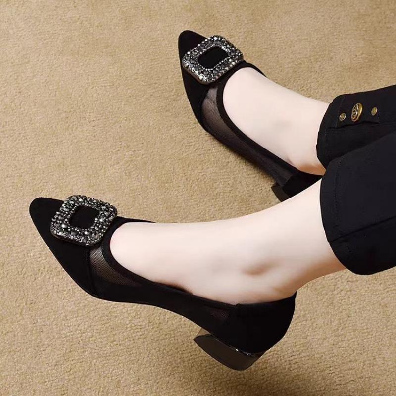 エレガントなポインテッドトゥメッシュブロックヒールパンプス、 - Women Fashion Store のレビューと価格