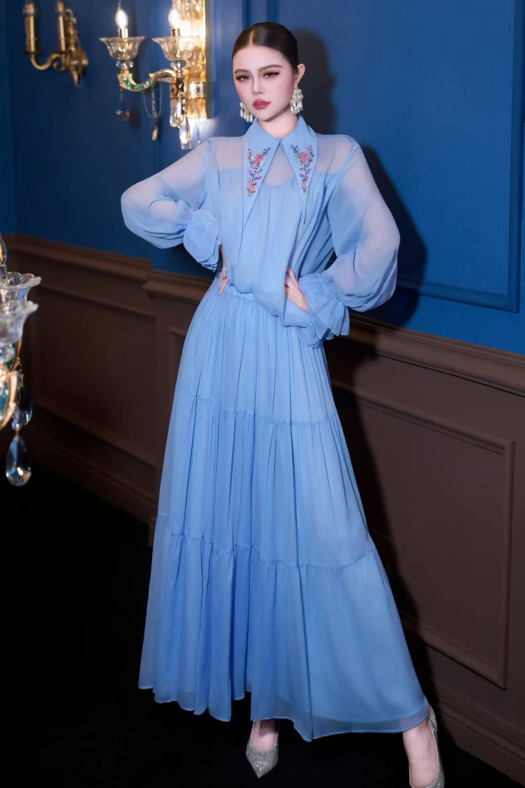 春の高級新作ラペルビーズ刺繍花びら袖シャツ+伸縮性ウエストハ - Xl Women'S Fashion のレビューと価格