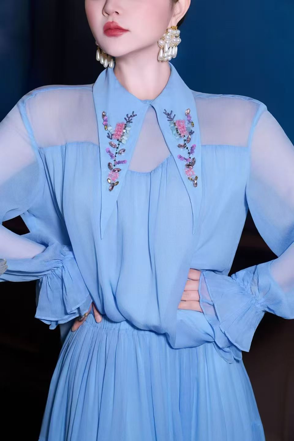 春の高級新作ラペルビーズ刺繍花びら袖シャツ+伸縮性ウエストハ - Xl Women'S Fashion のレビューと価格