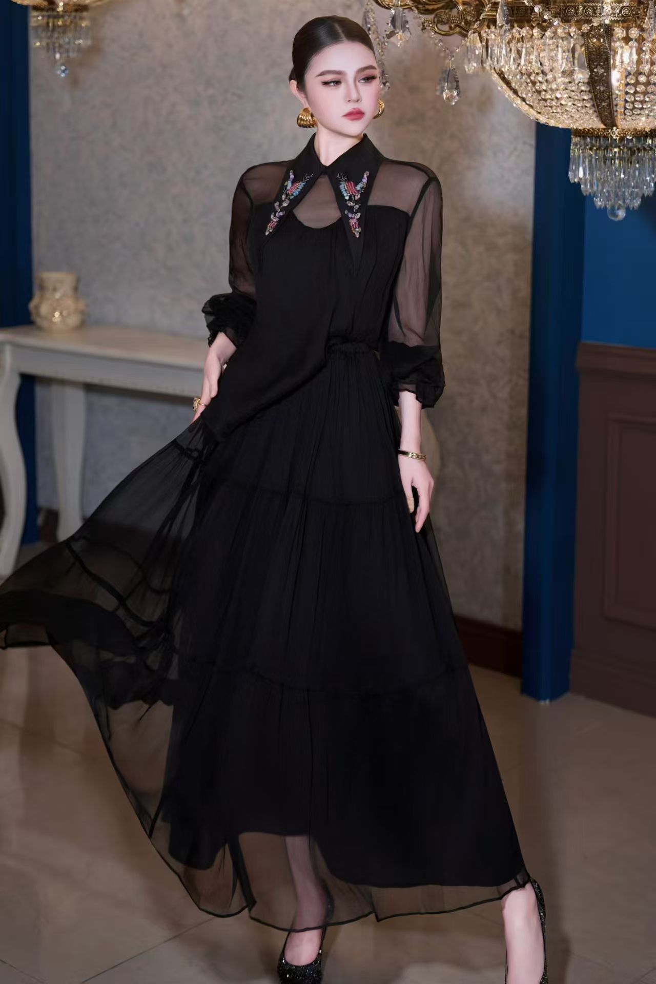 春の高級新作ラペルビーズ刺繍花びら袖シャツ+伸縮性ウエストハ - Xl Women'S Fashion のレビューと価格